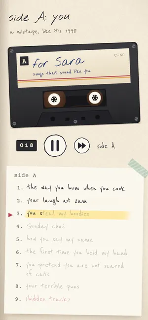 Mixtape: a hand-drawn cassette with a track for every reason