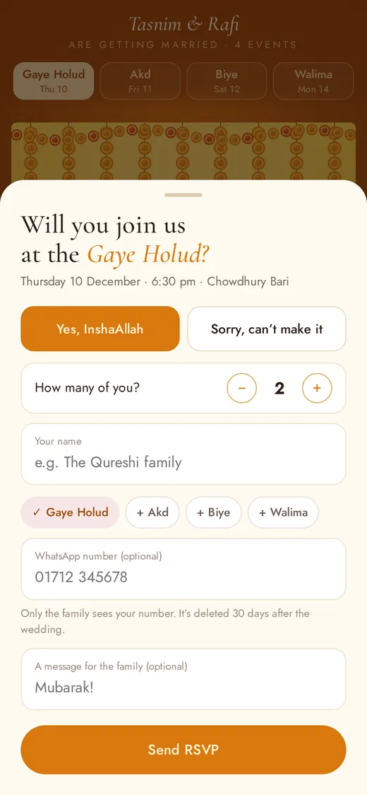 RSVP for each event — Tasnim & Rafi’s wedding on a phone