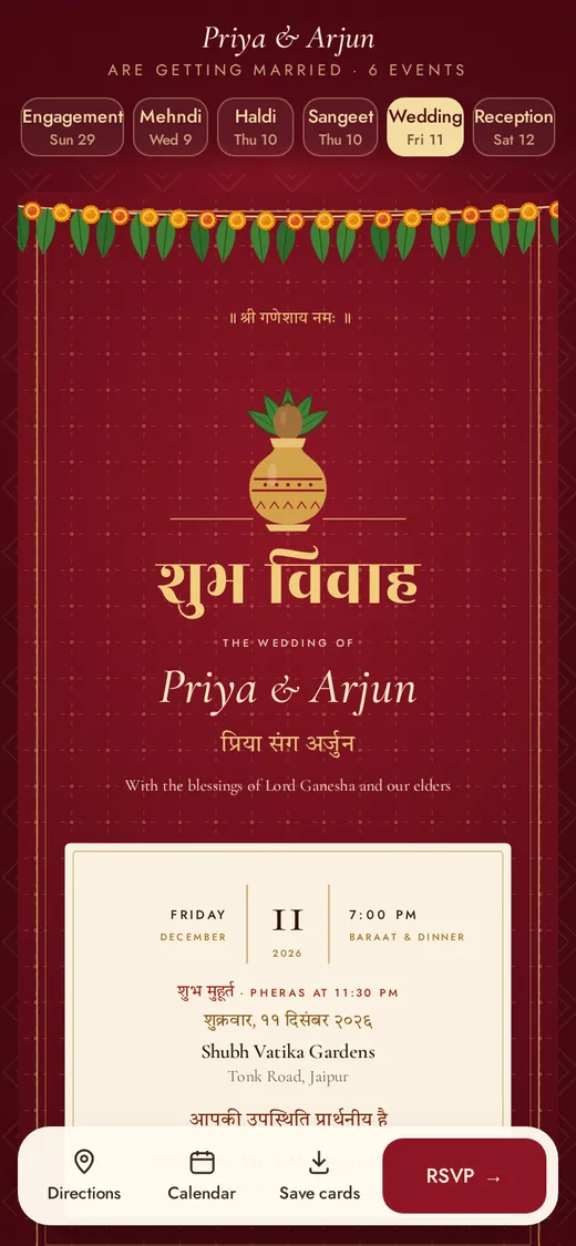 Every event, one tap apart — Priya & Arjun’s wedding on a phone