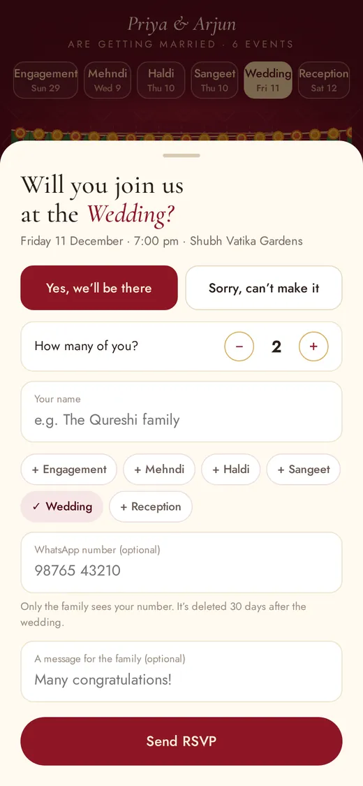 RSVP for each event — Priya & Arjun’s wedding on a phone