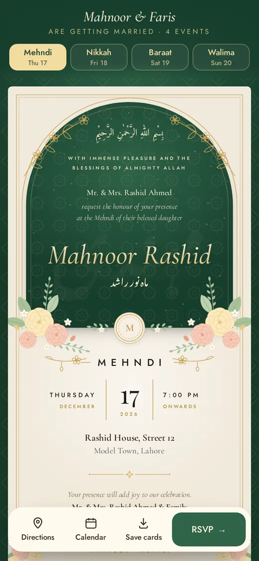 Every event, one tap apart — Mahnoor & Faris’s wedding on a phone