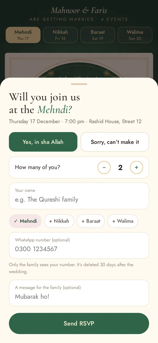 RSVP for each event — Mahnoor & Faris’s wedding on a phone